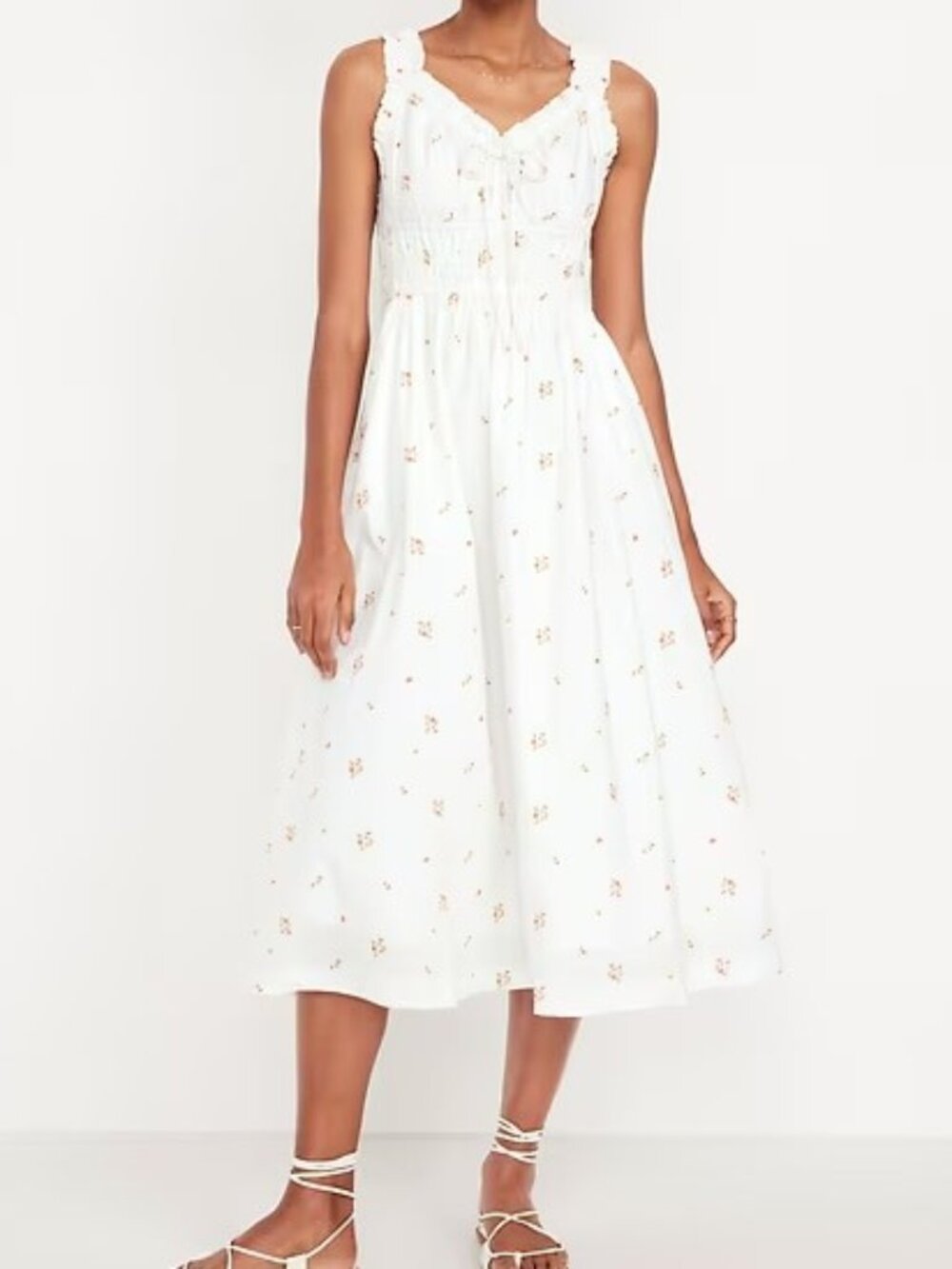 Old Navy 100% Cotton Waist-Defined Smocked Fit & Flare Midi Dress Floral-Medium